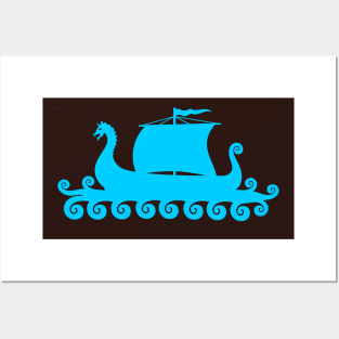 Blue Viking Ship Silhouette Posters and Art